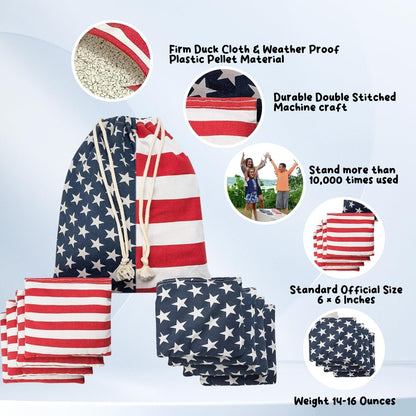 Cornhole Bags Regulation Game: American Flag Professional Corn Hole Bean Set - Stars and Stripes Toss Outdoor